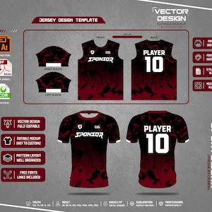 May include: A digital jersey design template featuring a sleeveless tank and a short-sleeve shirt in a black and dark red abstract pattern. The front displays the word SPONSOR, while the back shows the text PLAYER 10. Includes sleeve layouts.