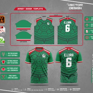 Può includere: Un modello di design per maglie digitali caratterizzato da uno schema di colori verde e rosso con motivi complessi. Il layout include viste frontali e posteriori di una canotta e di una maglia a maniche corte, con il nome E.LIRA e il numero 6.