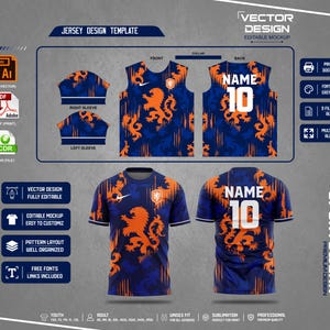 Può includere: Un modello di design per maglia sportiva con un motivo a leone blu e arancione. Il mockup mostra le viste frontali e posteriori di una maglia a maniche corte e di una canotta, incluse le maniche, con il testo NAME e il numero 10 sul retro.