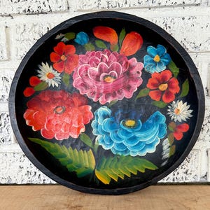Vintage Black Carved Wood Painted Floral 11&quot; Mexican Tole Bowl