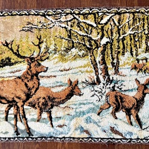 Vintage Italian Art Tapestry Featuring Elk or Stag Deer Snowy Winter Scene
