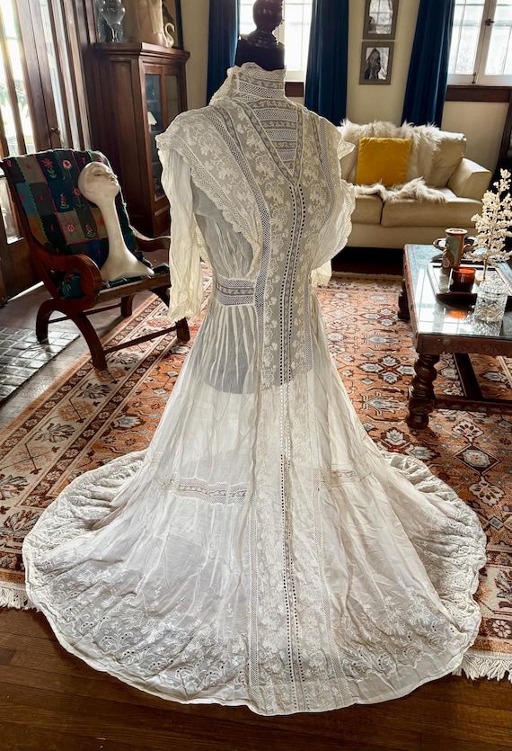 edwardian era wedding dresses Antique Edwardian-era Ivory Batiste Cotton and Lace Dress White color:gradient garden Farmhouse Brown Floral Square Neck Please choose the size