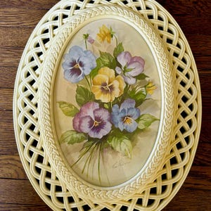 Vintage Homco Framed Flower Print/ Oval Weaved Pattern Framed Floral Pansies Picture/  Wall Art/ Cottagecore/ French Country