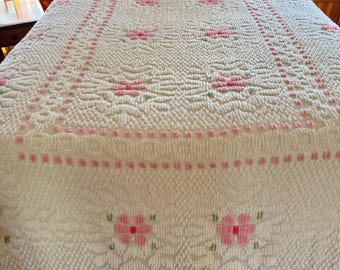 Vintage JC Penney Chenille Bedspread Featuring A Two-Tone Pink Flowers White Background