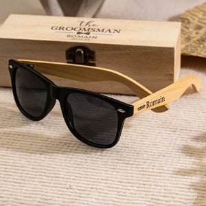 Gepersonaliseerde houten zonnebril met doos, zonnebril bruidsjonkers, cadeaus bruidsjonkers, stalknecht cadeauset, voorstel bruidsjonker, cadeau voor stalknecht