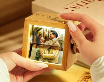 Personalized Photo Flipbook Animation Box, Custom Wood Photo Box with Light, Crank Photobook Box, Creative Birthday Anniversary Gift For Her