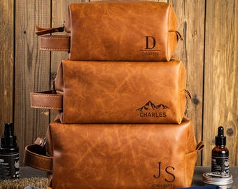 Gepersonaliseerde leren toilettas herentas cadeaus bruidsjonkers, Dopp Kit leren herenaccessoire, jubileumcadeau voor hem, afstudeercadeau voor hem
