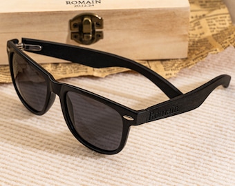 Personalized Wood Sunglasses With Box, Custom Engraved Unisex Sunglasses, Groomsmen Gift Set, Groomsman Sunglasses, Gift for Groomsman
