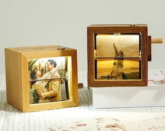 Personalized Photo Flipbook Animation Box, Custom Wood Photo Box with Light, Crank Photobook Box, Creative Birthday Anniversary Gift For Her