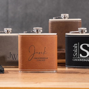 Frasco personalizado para hombre, frasco de cuero grabado a medida, frasco para padrinos de boda, regalos para padrinos de boda, regalo para padrinos de boda, frasco para padrinos de boda, regalo para él