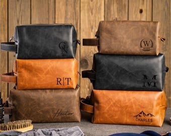 Personalized Men's Leather Toiletry Bag, Groomsmen Gifts, Engraved Leather Dopp Kit, Anniversary Gift for Him, Travel Toiletry Bag for Men