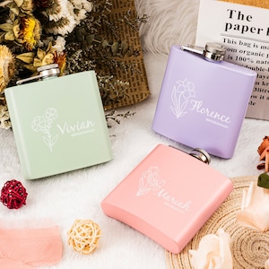 Custom Flower Flask | Floral Bridal Party Gift | Laser Engraved Flask | Personalized Women&#39;s Flask | Bridesmaid Gift | Bridesmaid Flasks