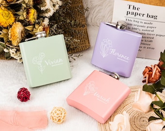 Custom Flower Flask | Floral Bridal Party Gift | Laser Engraved Flask | Personalized Women's Flask | Bridesmaid Gift | Bridesmaid Flasks