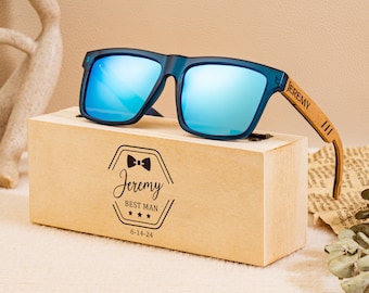 Personalized Blue Lens Wood Sunglasses, Groomsmen Gifts, Groomsmen Proposal, Custom Engraved Sunglasses, Mens Gift, Groomsman Sunglasses