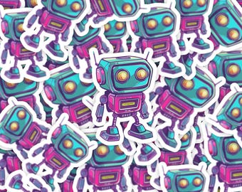 Puede incluir: Una colección de pegatinas de robots coloridos. Cada pegatina presenta un robot de dibujos animados con una cabeza turquesa, un cuerpo rosa y detalles azules. Los robots tienen dos ojos amarillos y antenas.