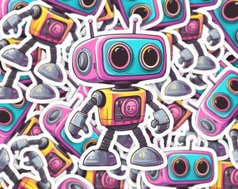Puede incluir: Una pegatina de robot colorida con un cuerpo rosa, amarillo y azul. El robot tiene dos ojos grandes y una pantalla rectangular en el pecho. La pegatina está rodeada de otras pegatinas de robots de varios colores.