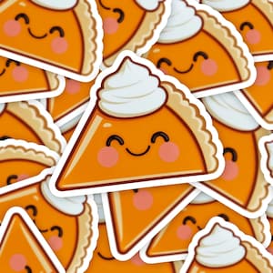 May include: A collection of stickers featuring cartoon slices of pumpkin pie. Each slice has a smiling face, blush, and whipped cream topping. The pie is orange with a brown crust and a white border.