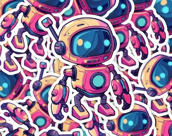 Puede incluir: Una pegatina con un robot de dibujos animados con un cuerpo amarillo, detalles rosas y ojos azules. El robot tiene una cabeza redonda con una visera y una sola antena.