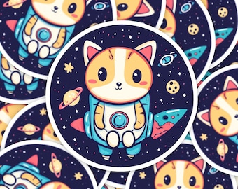 Niedlicher Weltraumkatzenaufkleber, niedlicher Astronautenaufkleber, niedlicher Weltraumaufkleber, Weltraumkatzenaufkleber, Astronautenaufkleber, Weltraumaufkleber