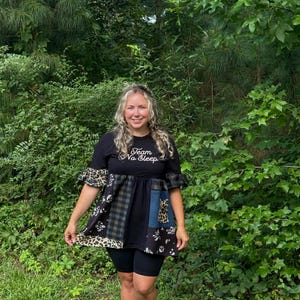 Upcycled Patchwork Tunic Top, Team No Sleep Graphic Tee, Sustainable Boho Peplum Blouse, OOAK Handmade Clothing