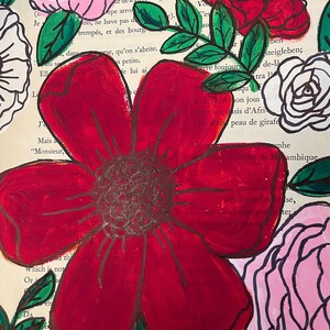 Original Red Flower Gouache Painting on Book Page (7x10)
