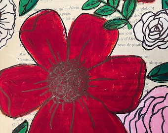 Pintura original de gouache de flores rojas sobre página de libro (7x10)