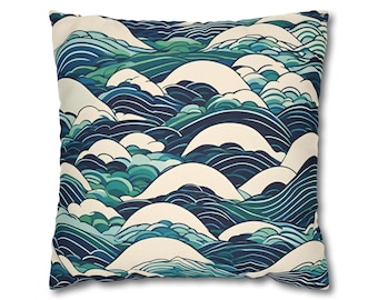 Ocean Waves Japanese Art Square Pillowcase, Blue Green White Decorative Cushion Cover, Sea Theme Throw Pillow Case, Coastal Home Decor,