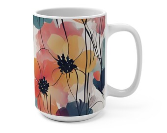 Watercolor Flower Coffee Mug 15oz, Gift for Coffee Lovers