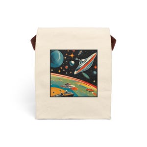 Cosmic Adventure Lunch Bag - Fun Canvas Tote for Kids and Adults, Unique Back to School Gift, Food Storage, Picnic Bag, Retro Space Design