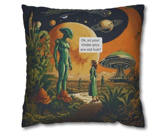 Retro Space Scene Pillowcase, Alien and Human Female, Funny Tinder Pics, Home Decor, Bedroom Accent, Square Cushion Cover, Spun Poly Pillow