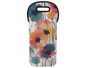 Watercolor Flowers Wine Tote Bag - Floral Neoprene Carrier for Wine Bottles, Reusable Wine Tote Bag, Gift for Wine Lovers, Wine Bottle Tote