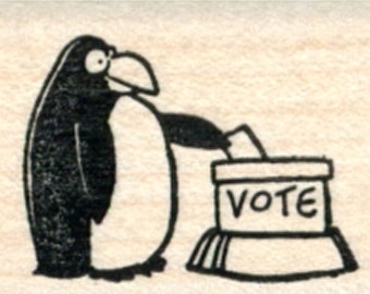 以下が含まれることがあります： 赤い蝶ネクタイをした白黒の漫画のペンギンが、「VOTE」と書かれた投票箱で投票しています。