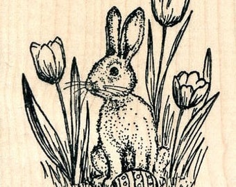 Easter Bunny Rubber Stamp, with Egg, and Tulips K32022 Wood Mounted