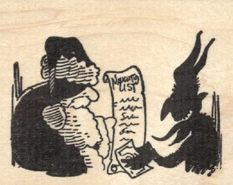 Christmas Krampus Rubber Stamp, Buying Naughty List from Santa J29319 Wood Mounted