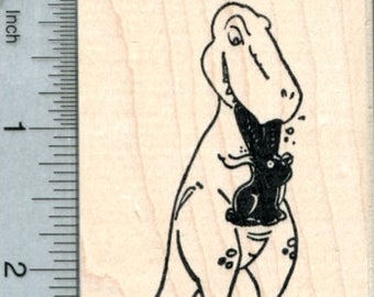 Easter T-Rex Rubber Stamp, Dinosaur with Chocolate Bunny K32116 Wood Mounted