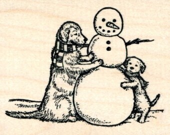 Snowman Rubber Stamp, with Labrador Dog and Puppy K31514 Wood Mounted