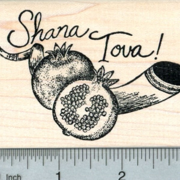 Rosh Hashanah Rubber Stamp, Shana Tova, Shofar and Pomegranate L32503 Wood Mounted