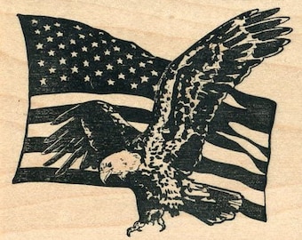 American Flag Rubber Stamp, with Bald Eagle, Independence Day Series M38210 Wood Mounted