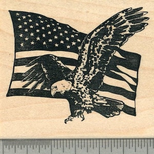 American Flag Rubber Stamp, with Bald Eagle, Independence Day Series M38210 Wood Mounted