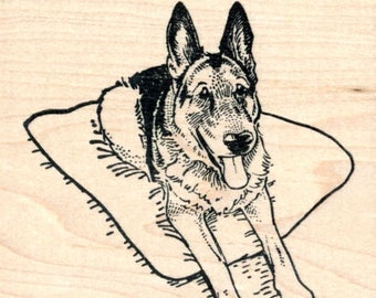 German Shepherd Rubber Stamp, Large Dog on Pillow N33503 Wood Mounted