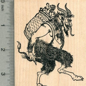 Krampus Rubber Stamp, Carrying Naughty Children in Wicker Basket, Facing Right M37803 Wood Mounted