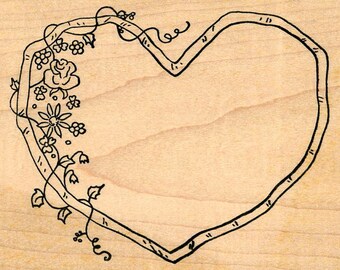 Heart Frame Rubber Stamp, with Flowers, Valentine's Day Series Q37514 Wood Mounted