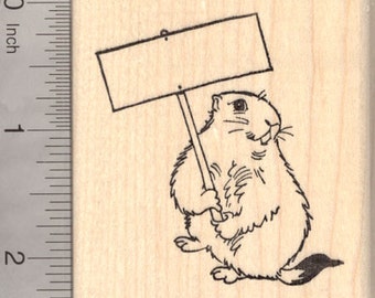 Groundhog Day Rubber Stamp, Groundhog with Blank Sign J19915 Wood Mounted