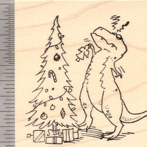 Tyrannosaurus Rex with Christmas Tree Rubber Stamp K19403 Wood Mounted