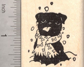Holiday Black Pug Dog Rubber Stamp, Catching Falling Snow on Tongue  G22802 Wood Mounted