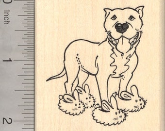 Easter Pitbull dog in Bunny Slippers Rubber Stamp  J20814  Wood Mounted