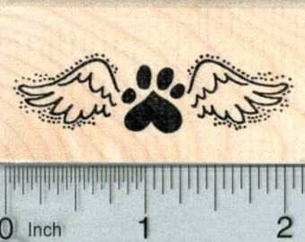 Heart Paw Print Rubber Stamp, Pet Loss Angel Wings E32705 Wood Mounted