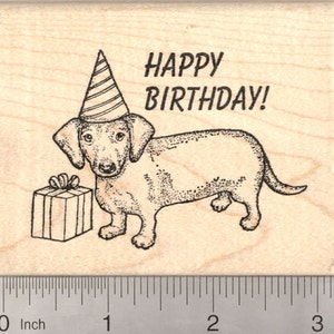 Happy Birthday Dachshund Rubber Stamp, in Party Hat K6708 Wood Mounted