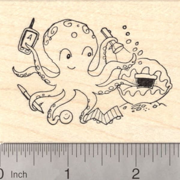 Geocaching Octopus Rubber Stamp, with Geocache in Giant Clam  J23803 Wood Mounted