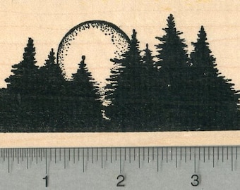 Evergreen Trees Rubber Stamp, Sunrise or Sunset, Scenery Series L37004 Wood Mounted